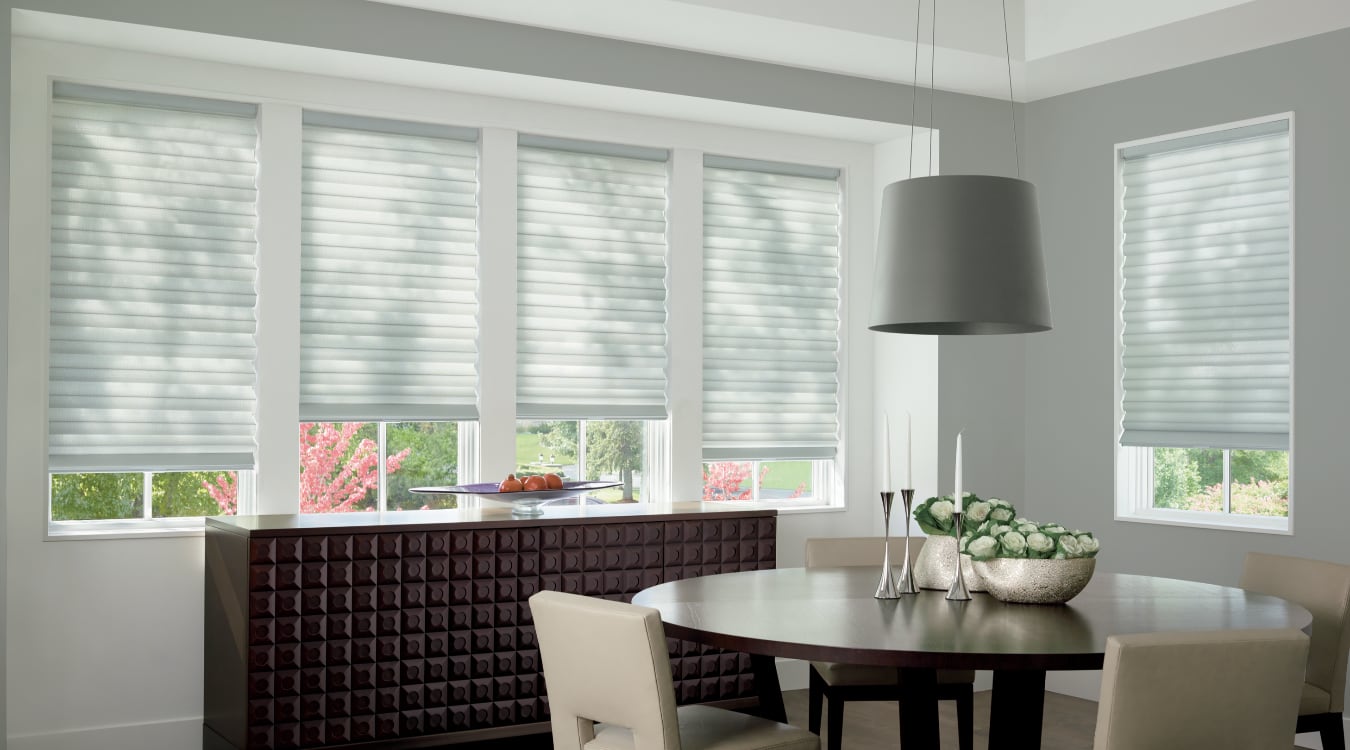 Cordless motorized shades in a Boston dining room